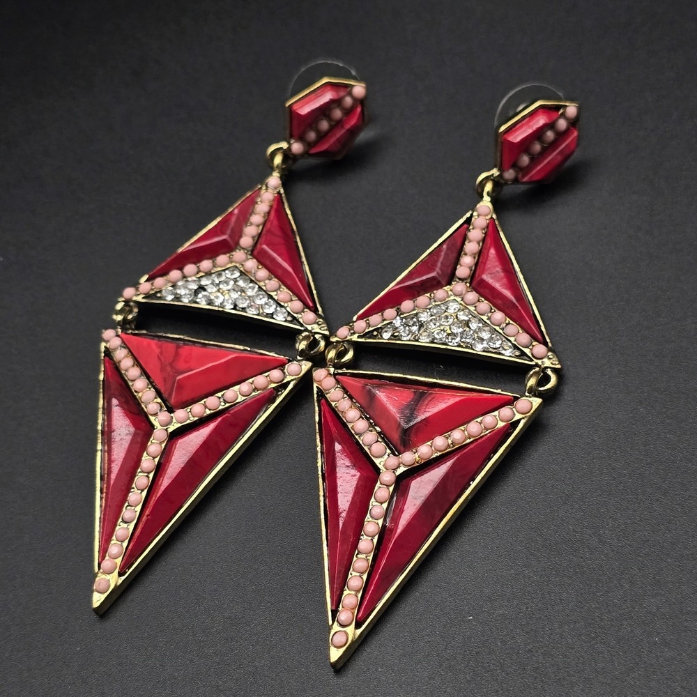 Red Pink Rhinestone Geometric Earrings Triangular - Picture 2 of 8